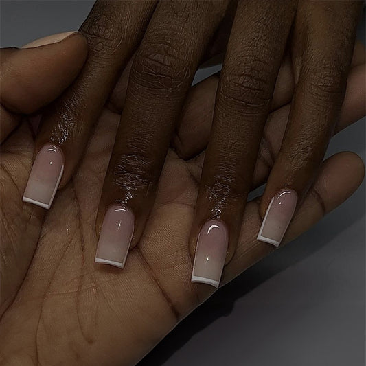 Elegant Essentials Long Square Press-On Nail Set in Soft Pink with Classic French Tips