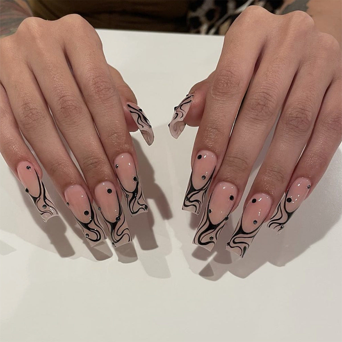 Ink Flow Extra Long Square Beige Press On Nails with Black Abstract Art and Gemstone Embellishments