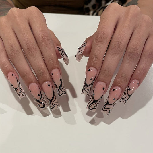 Ink Flow Extra Long Square Beige Press On Nails with Black Abstract Art and Gemstone Embellishments