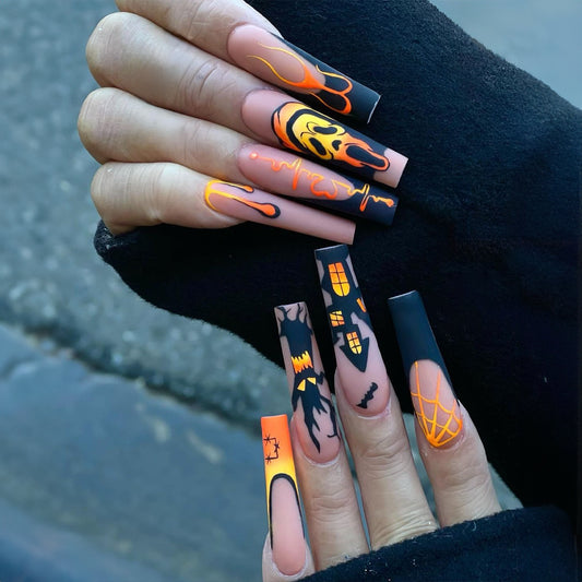 Spooky Spectacle Extra Long Square Black And Orange Press On Nail Set With Halloween Motifs