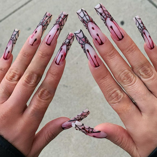 Gothic Fantasy Extra Long Coffin Press On Nail Set, Sheer Pink with Blood Drip and Spiderweb Design