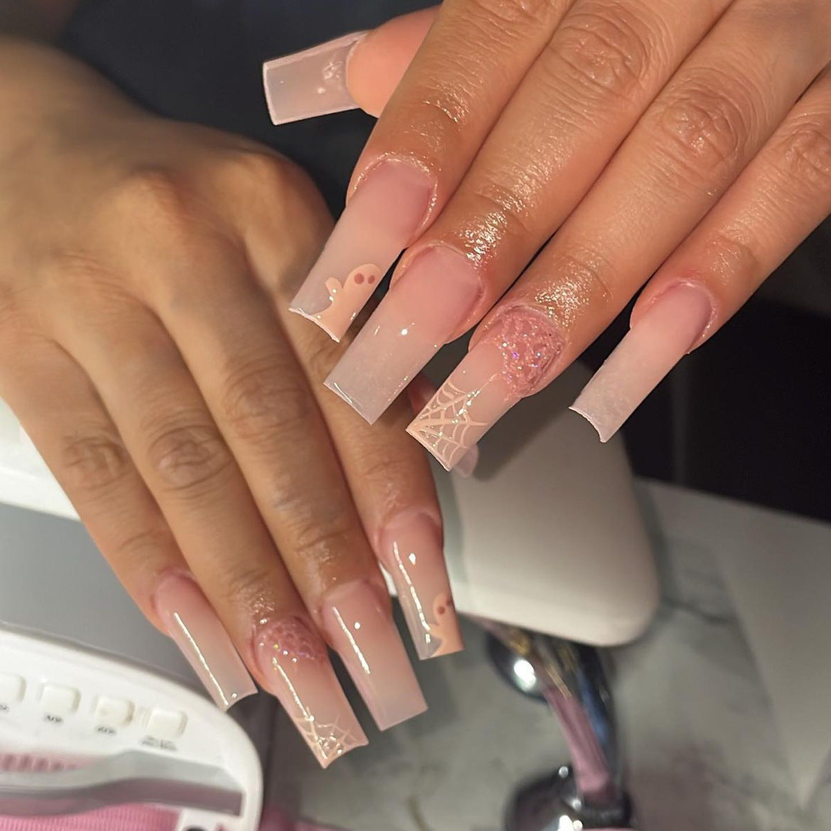 Enchanted Extra Long Square Baby Pink Press On Nails with Glitter Accents and Delicate Lace Design