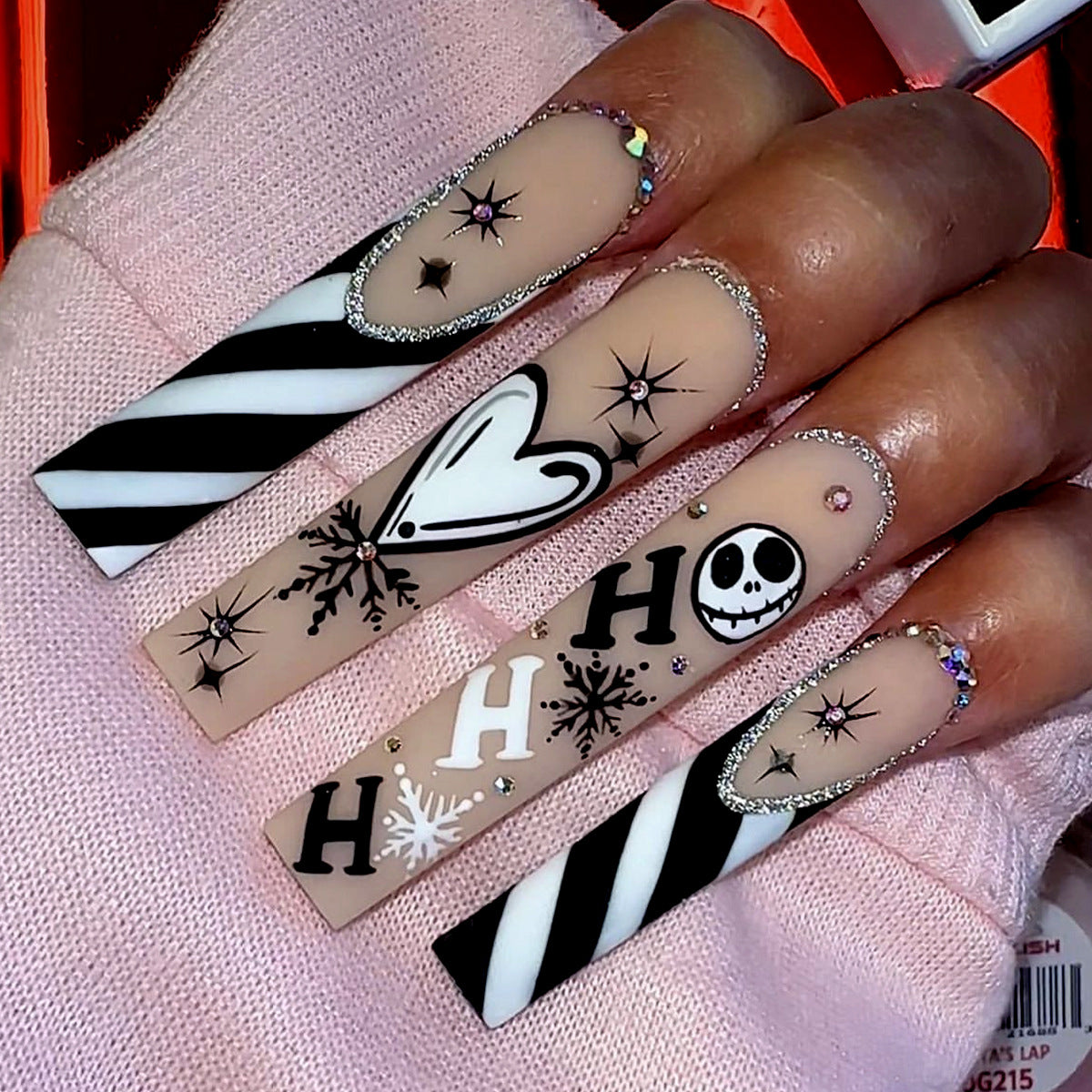 Halloween Elegance Long Square Black And White Graphic Press On Nail Set With Sparkling Accents