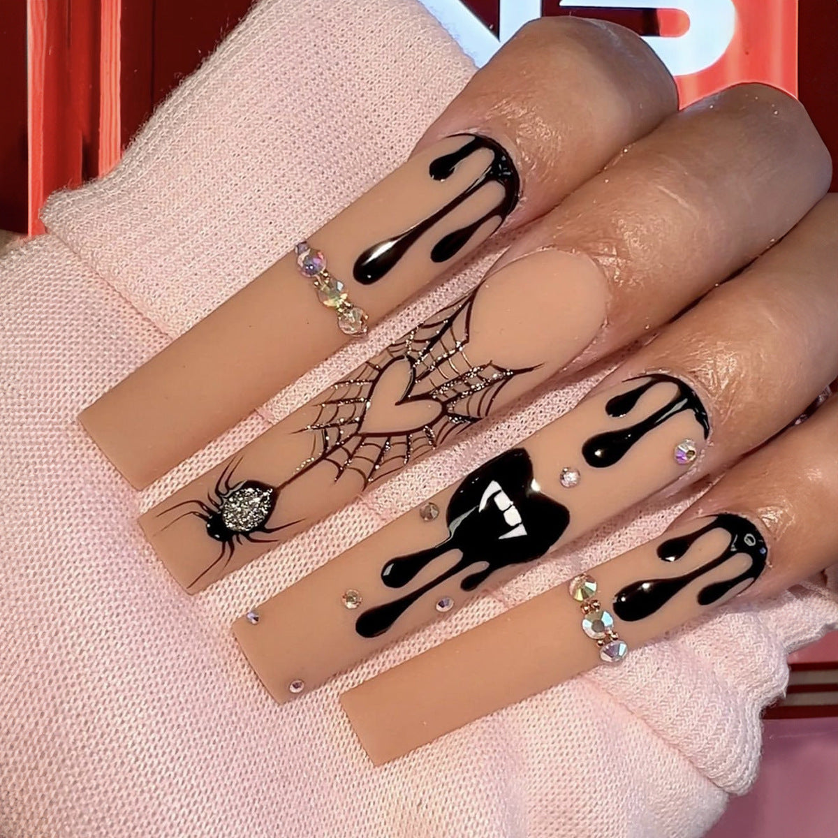 Gothic Glamour Extra Long Square Black and Beige Press On Nail Set with Spiderweb Art and Rhinestone Embellishments