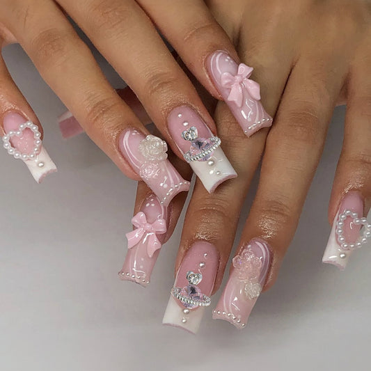 Bridal Elegance Long Square Baby Pink Press On Nails with 3D Rose and Pearlescent Accents