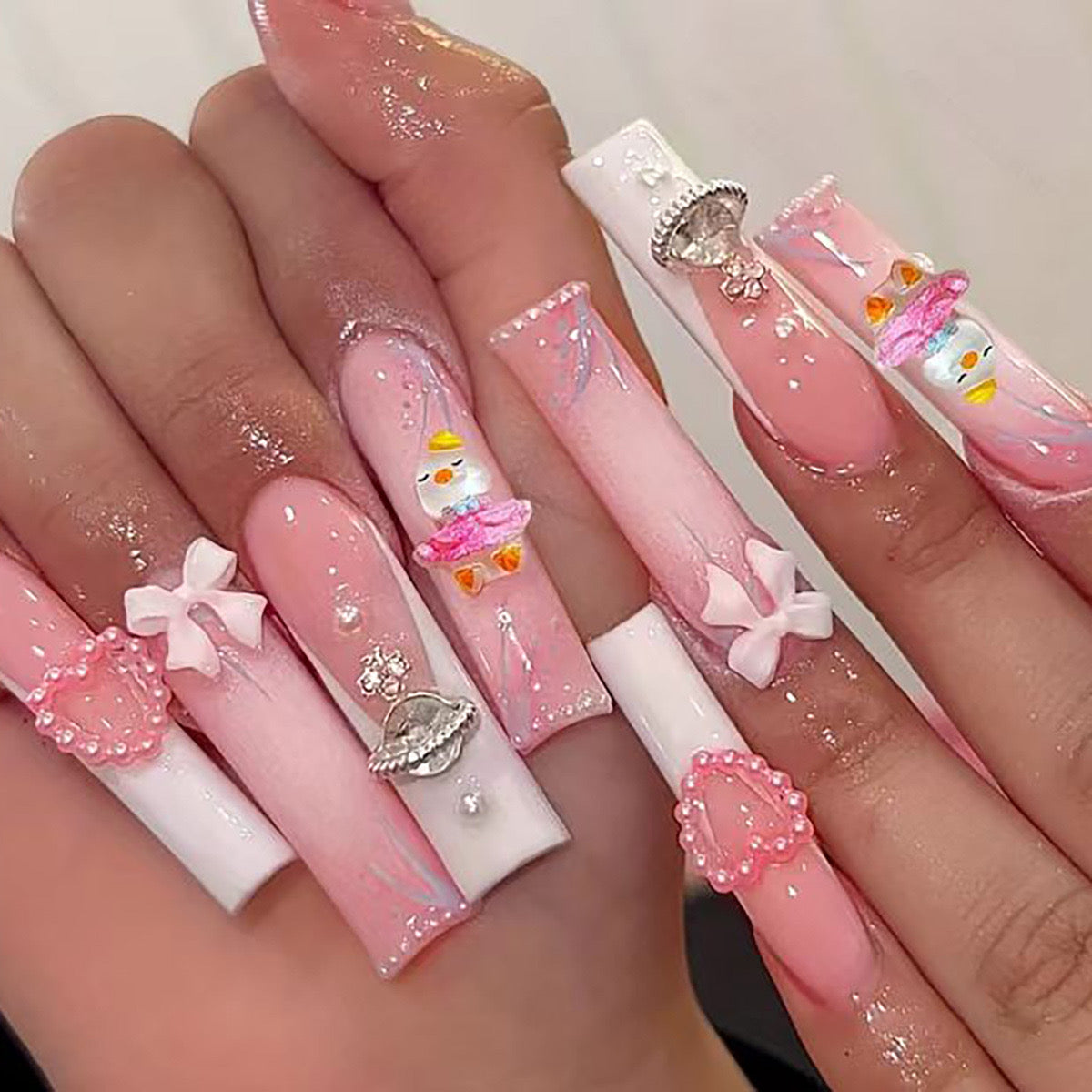 Whimsical Wonderland Extra-Long Coffin Baby Pink Press-On Nails with 3D Charms and Glitter Accents