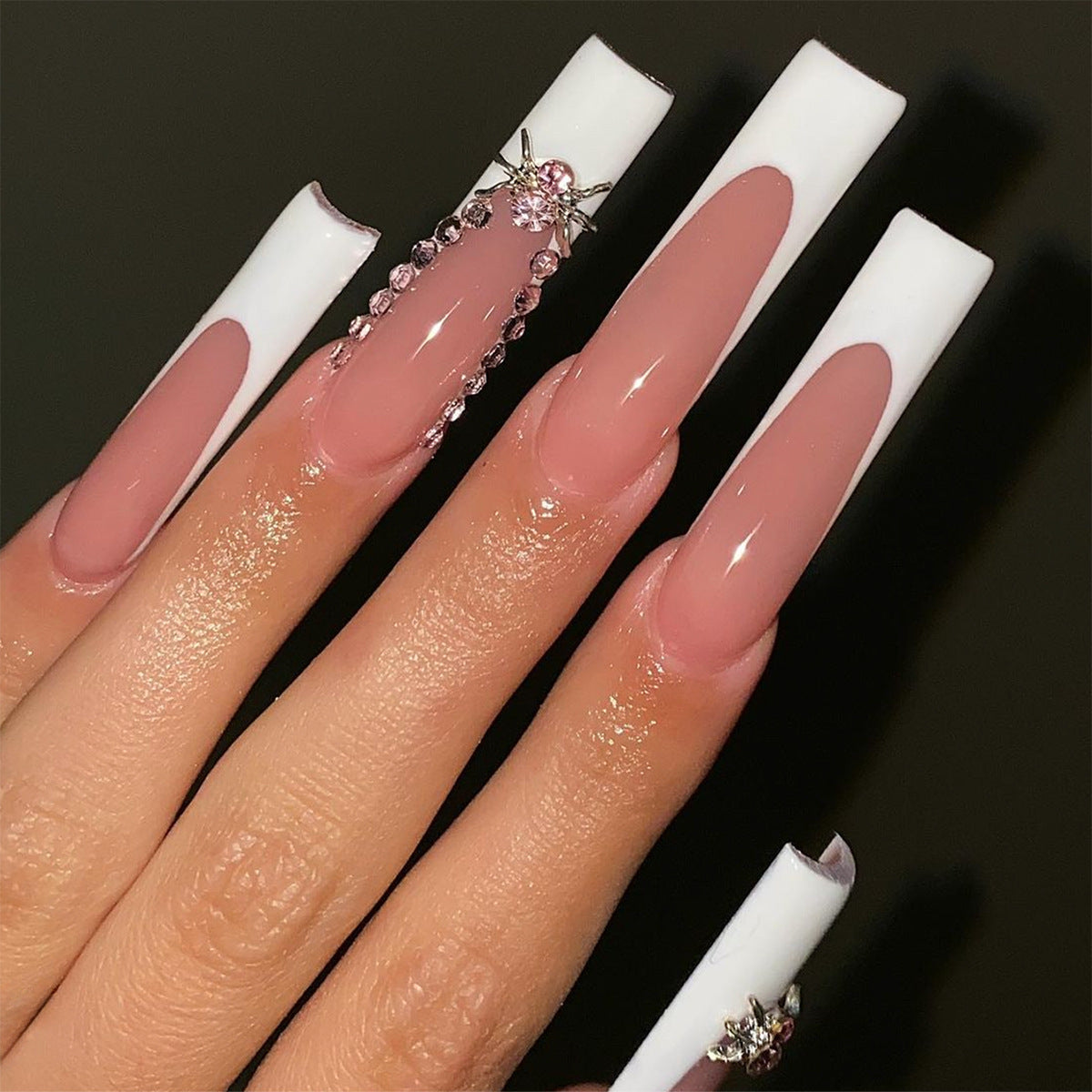 Bridal Bliss Extra Long Square Press On Nail Set, Beige Pink with White French Tips and Rhinestone Chains