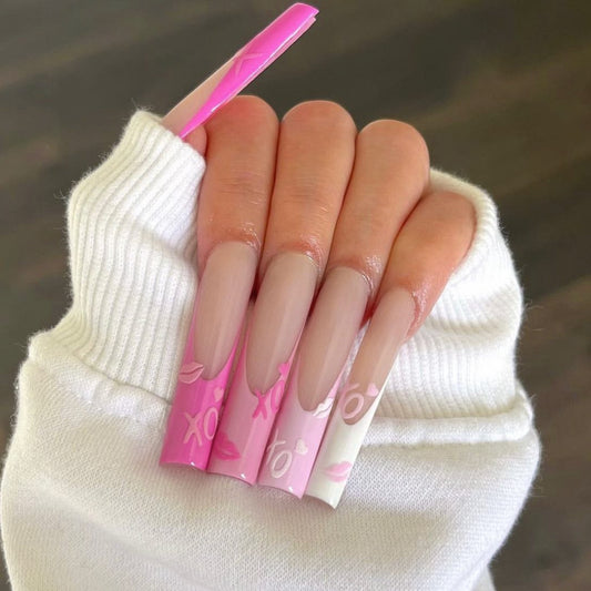 Valentine's Day Inspired Extra-Long Coffin Pink Ombre Press-On Nails with XO Love Heart Accents