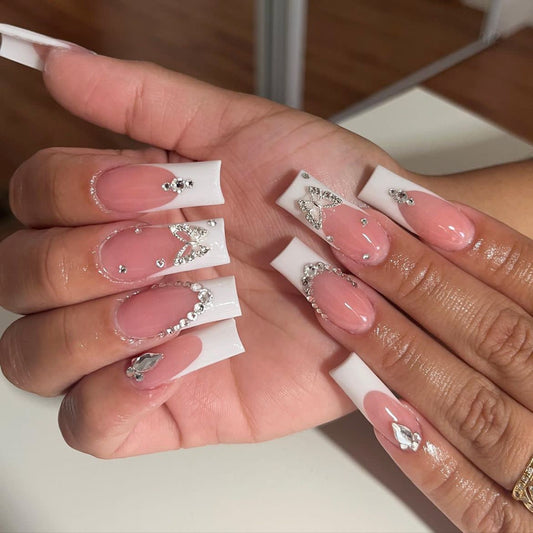 Glittering Gala Extra Long Square Ballerina Blush Pink Press On Nails with Crystal Embellishments and Glossy Finish