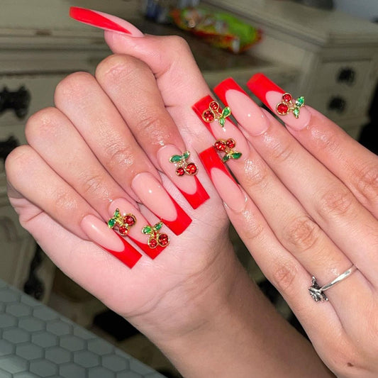 Summertime Festive Long Square Red and Beige Press-On Nails with Glittering Cherry Accents and Green Leaf Detail