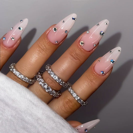 Elegant Medium Almond Baby Pink Press On Nails with Crystal Embellishments