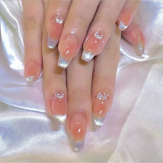 Winter Glow Medium Length Coffin Beige and Silver Glitter Accent Press On Nails with Crystal Embellishments