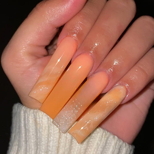 Citrine Sunset Extra Long Square Press On Nail Set with Gradient Ombre and Glitter Accent