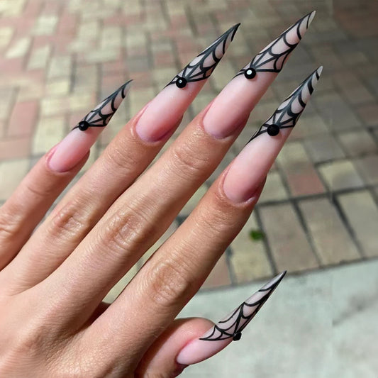 Enchanted Spiderweb Extra-Long Stiletto Black and Transparent Press On Nail Set with Gothic Charm Design