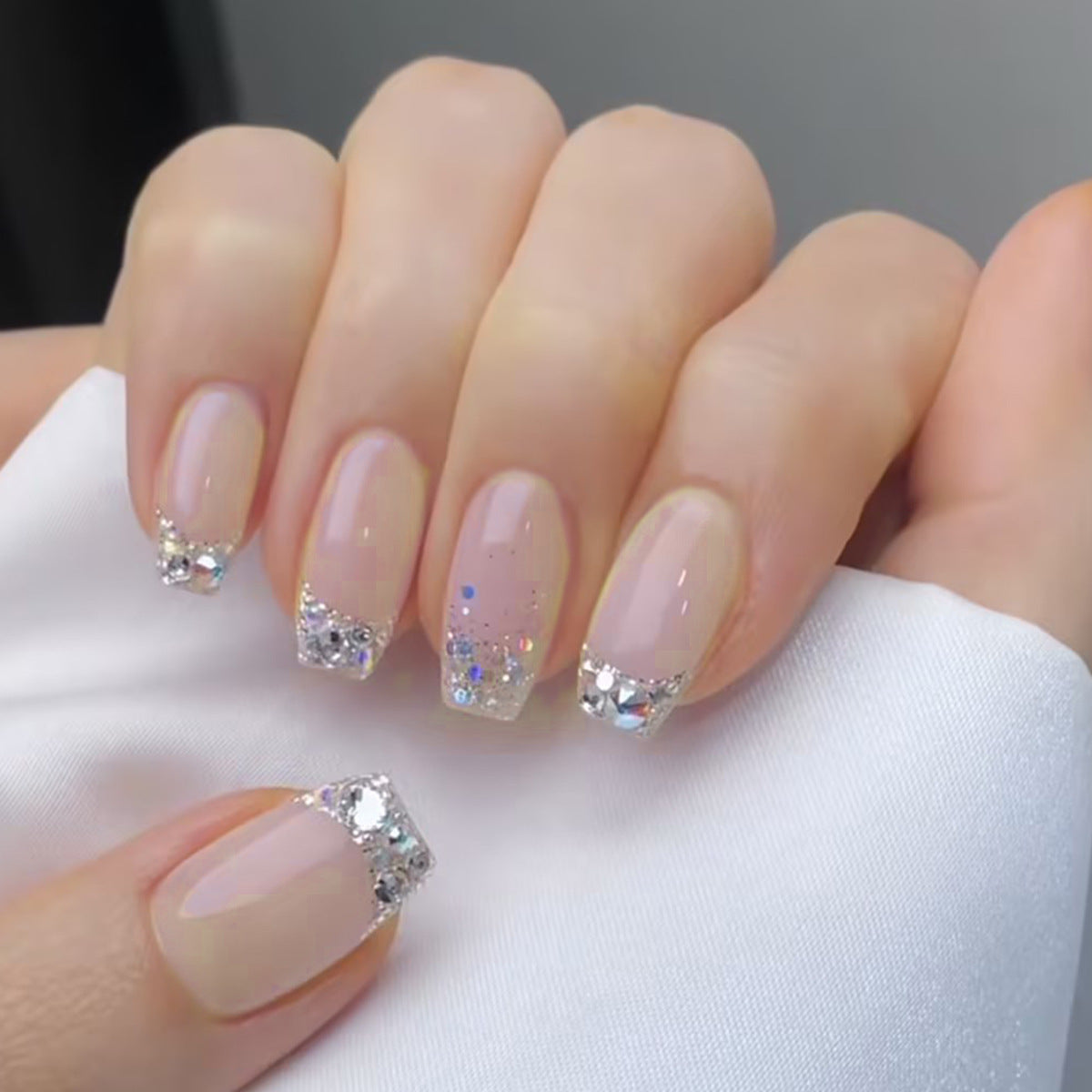 Bridal Bliss Medium Coffin Beige Press On Nail Set with Crystal Embellishments and Glitter Accents
