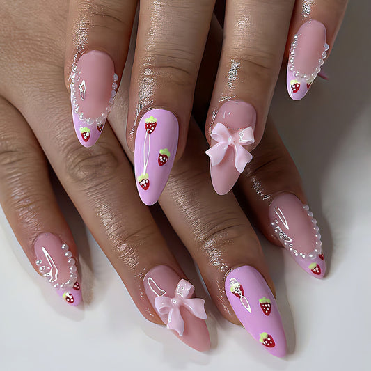 Sweet Delight Medium Almond Pastel Pink Press On Nails with 3D Bows and Rhinestone Accents