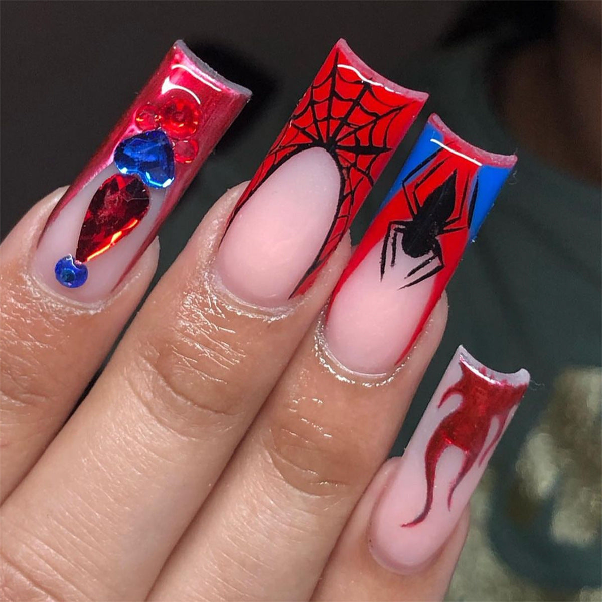 Superhero Adventure Long Square Red And Blue Press On Nail Set With Spider Web Design And Gemstone Accents