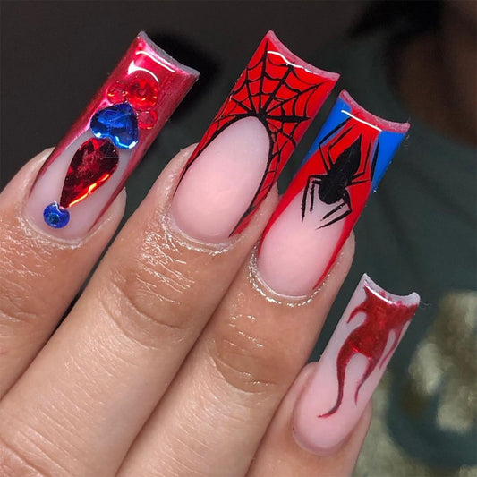 Superhero Adventure Long Square Red And Blue Press On Nail Set With Spider Web Design And Gemstone Accents