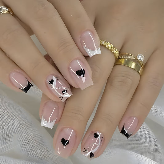Love Note Medium Square Beige Press On Nails with Black Heart Design and White Abstract Lines