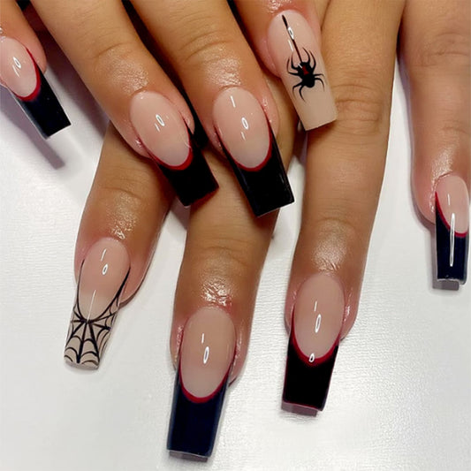 Halloween Haunt Long Square Beige Press On Nail Set with Black Tips and Spider Design
