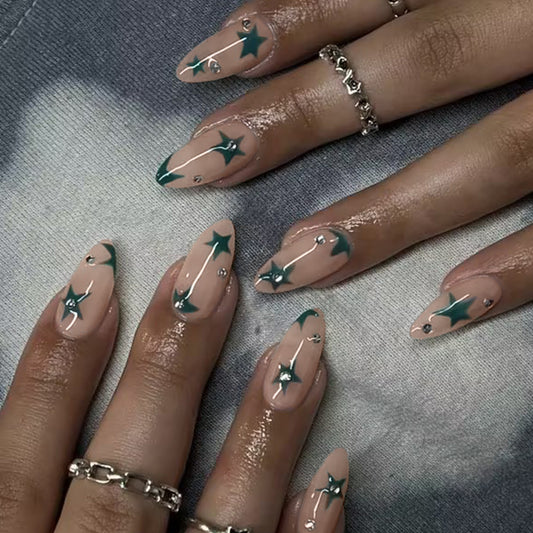 Cosmic Vogue Medium Oval Beige Press On Nail Set with Green Stars and Gem Accents