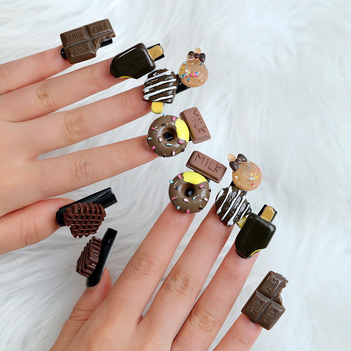 Sweet Treats Long Square Press On Nail Set in Chocolate and Donut Designs with Glitter Accents