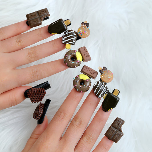 Sweet Treats Long Square Press On Nail Set in Chocolate and Donut Designs with Glitter Accents
