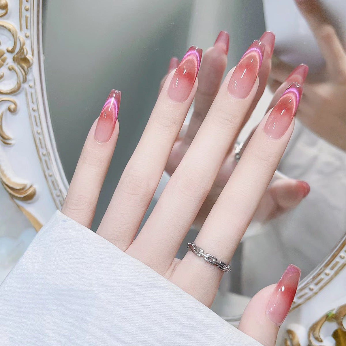 Extra Long Coffin Gradient Pink Press On Nails with Glossy Finish and Pink Outline Detail