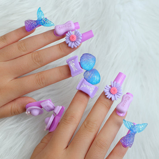 Candy Fantasy Long Square Press On Nail Set in Pastel Purple with 3D Candy and Butterfly Embellishments