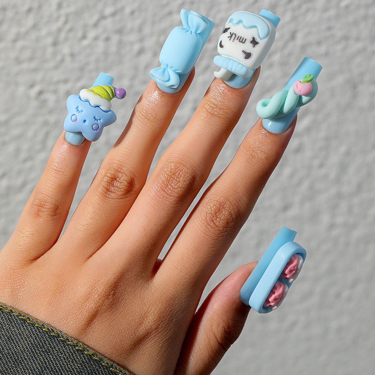 Whimsical Dream Long Square Press-On Nail Set in Pastel Blue with Playful 3D Charms
