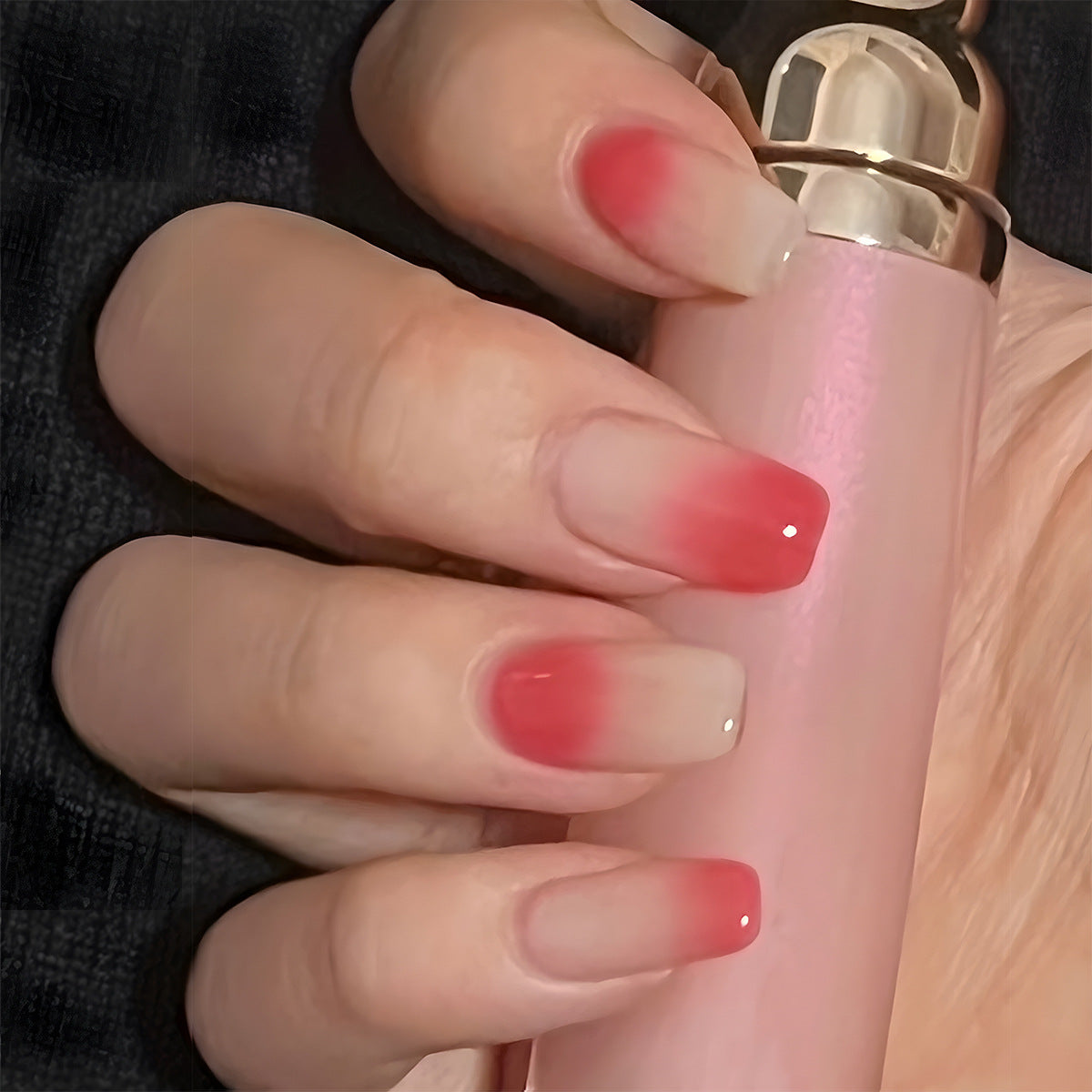 Cozy Sunset Short Squoval Ombre Press On Nail Set with Red to Pink Gradient and Gloss Finish