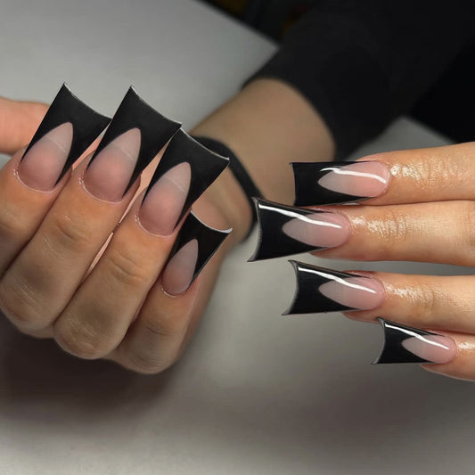 Gothic Elegance Extra Long Duck Black French Tip Press On Nail Set with Peekaboo Cutout Design