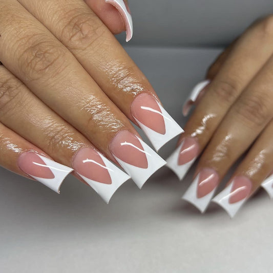 Elegant Long Duck Baby Pink French Tip Press On Nail Set with Glossy Finish
