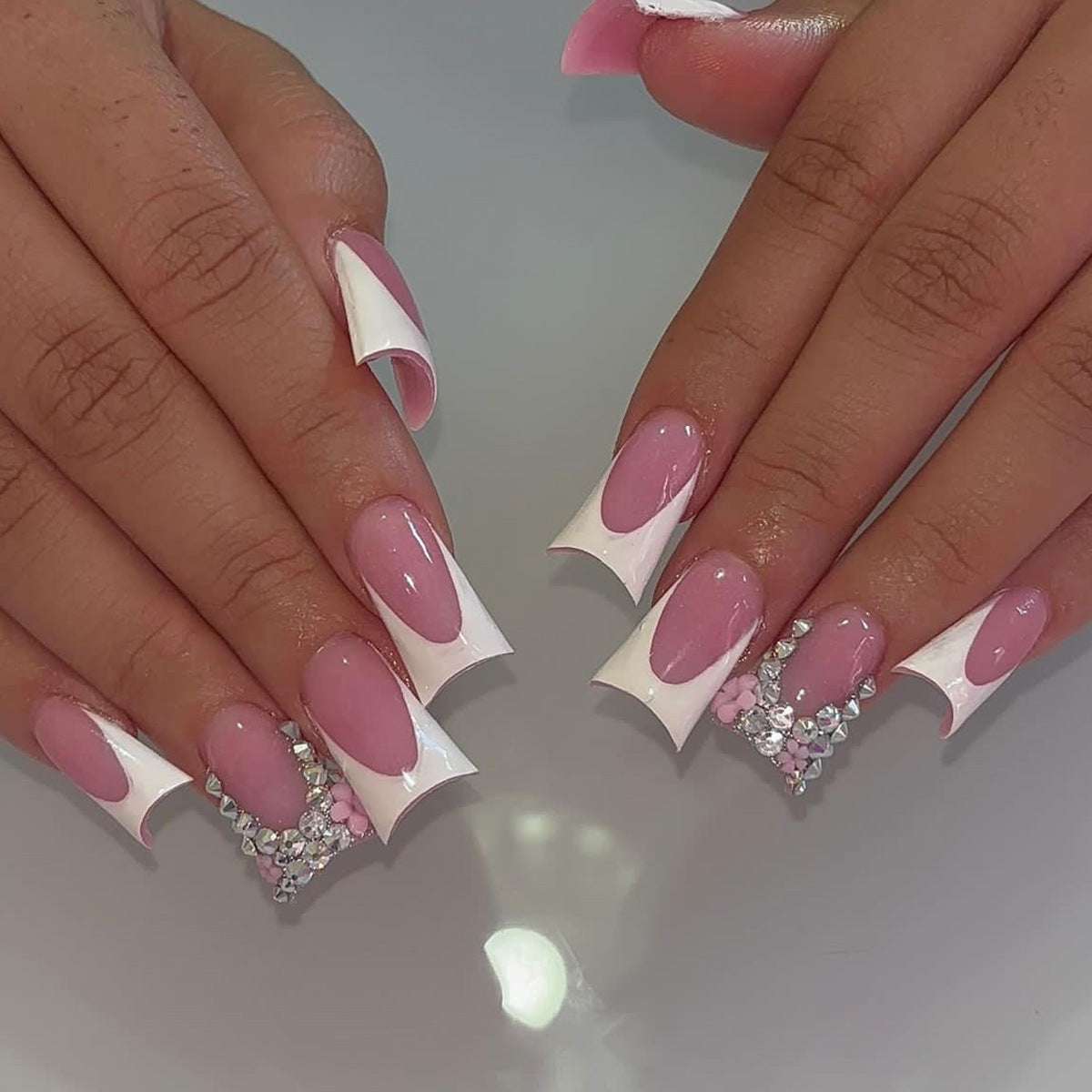 Elegant Affair Extra Long Duck French Tip Pink Press-On Nail Set with Rhinestone Embellishments
