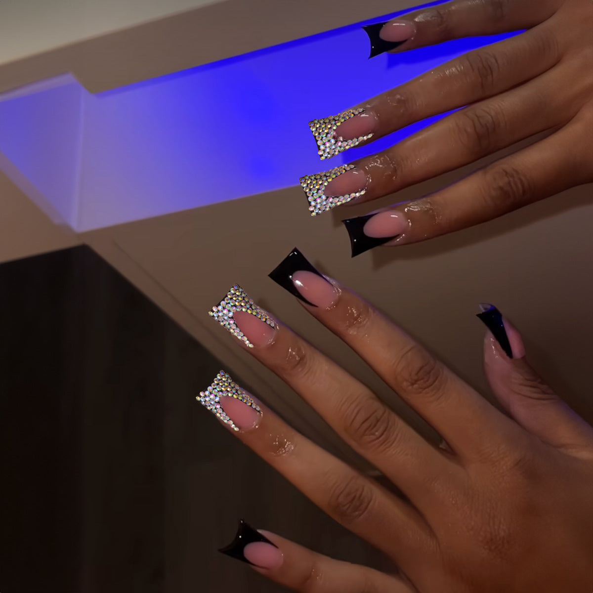Extra Long Duck Black Press On Nails with Rhinestone Embellishments and Beige Accents