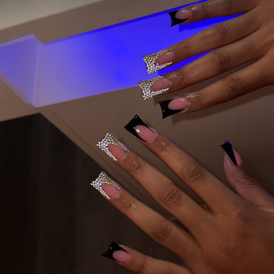 Extra Long Duck Black Press On Nails with Rhinestone Embellishments and Beige Accents