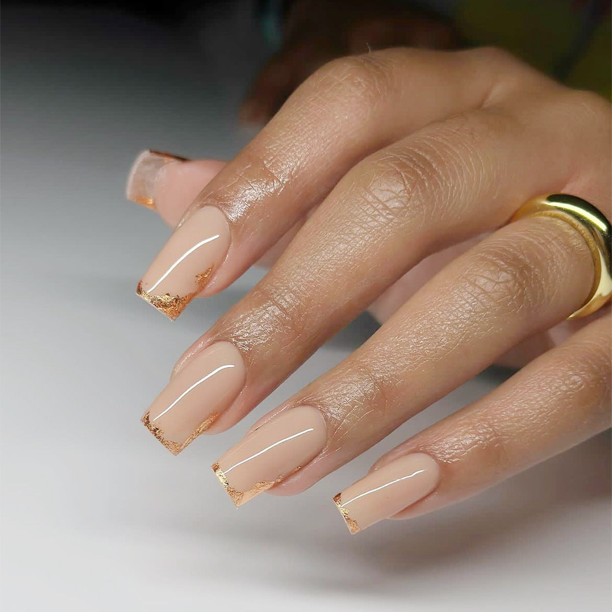 Opulent Affair Medium Square Beige Press On Nails with Metallic Gold Accents
