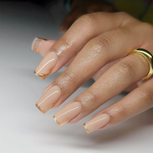 Opulent Affair Medium Square Beige Press On Nails with Metallic Gold Accents
