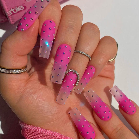 Enchanted Long Coffin Hot Pink Press-on Nails with Rhinestone Embellishments
