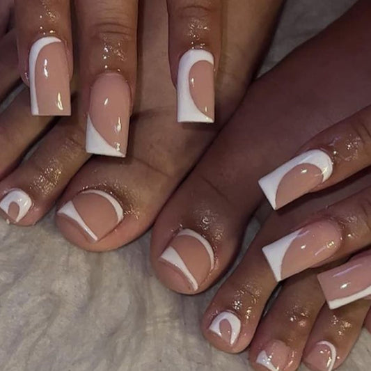 Classic French Medium Square Beige Press-On Nails with White Tips