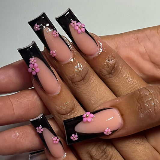 Long Square Black Press On Nails with Pink Floral Embellishments