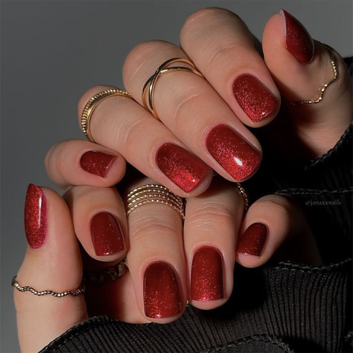 Holiday Glam Medium Square Ruby Red Glitter Press On Nails with Sparkling Finish