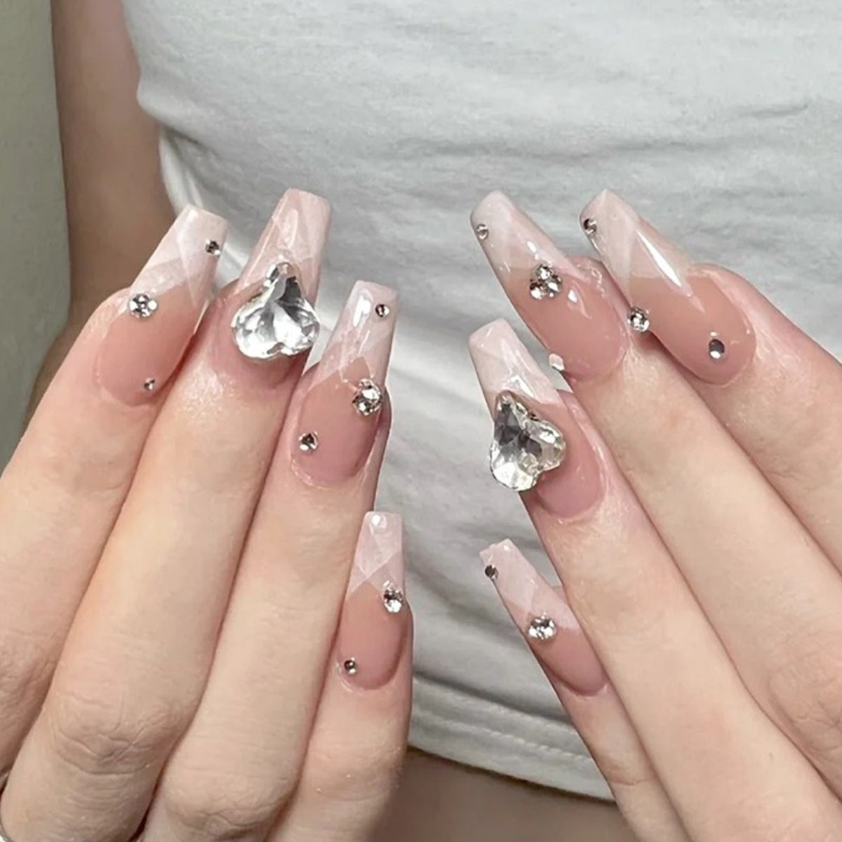 Crystal Cascade Medium Coffin Press-On Nails with Clear Pink Base and Oversized Gem Embellishments