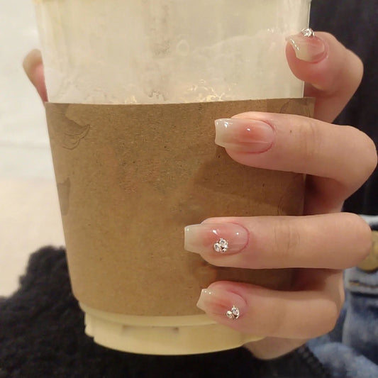 Caf≈Ω Chic Short Square Beige Press On Nails with Crystal Embellishments