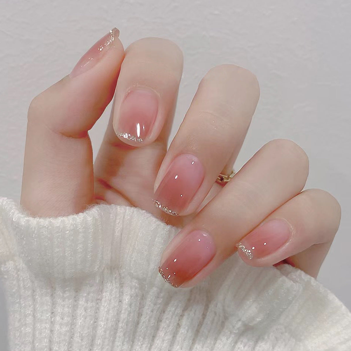 Winter Sparkle Short Square Beige Press On Nails with Glitter Crescent Detail