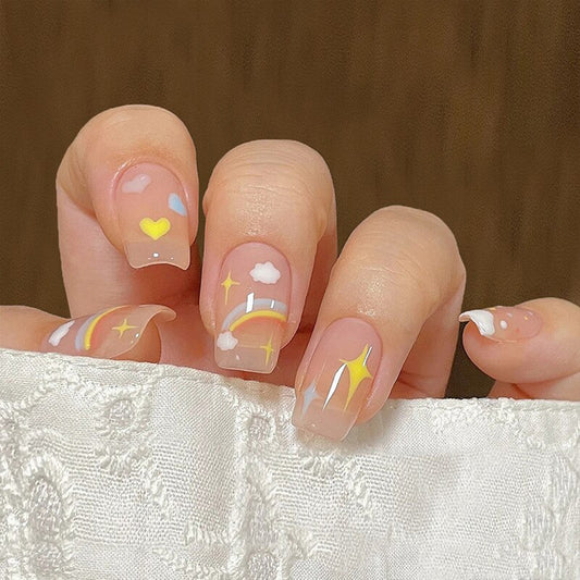 Cheerful Skies Short Square Transparent Press-On Nail Set with Rainbow and Cloud Art