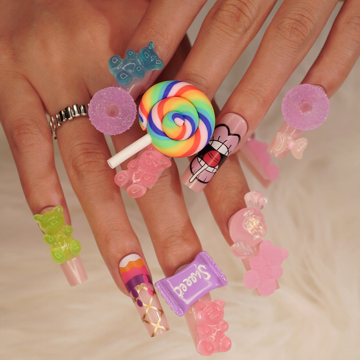 Sweet Treats Long Square Multicolor Press On Nails with Candy Charms and Glitter Accents