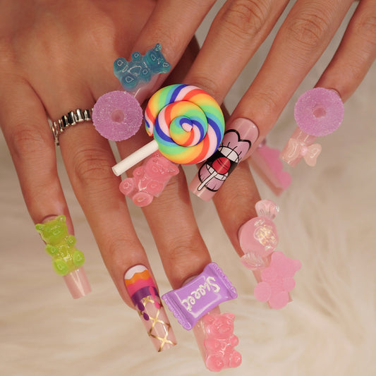 Sweet Treats Long Square Multicolor Press On Nails with Candy Charms and Glitter Accents