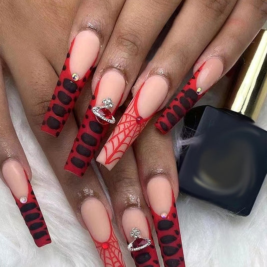 Passionate Safari Long Coffin Red and Black Press-On Nails with Gemstone Details and Web Pattern Highlight