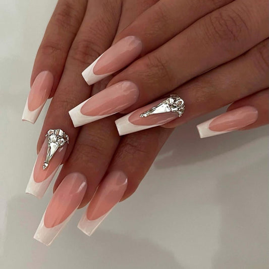 Bridal Bliss Long Coffin Beige Press-On Nails with Silver Glitter and Gem Accents